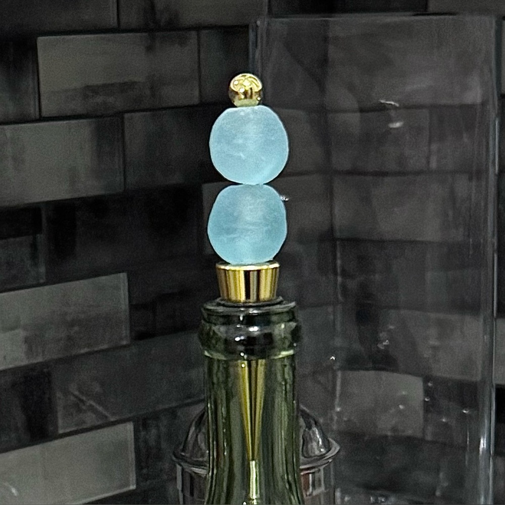 Hand crafted recycled sea glass wine bottle stopper ice blue